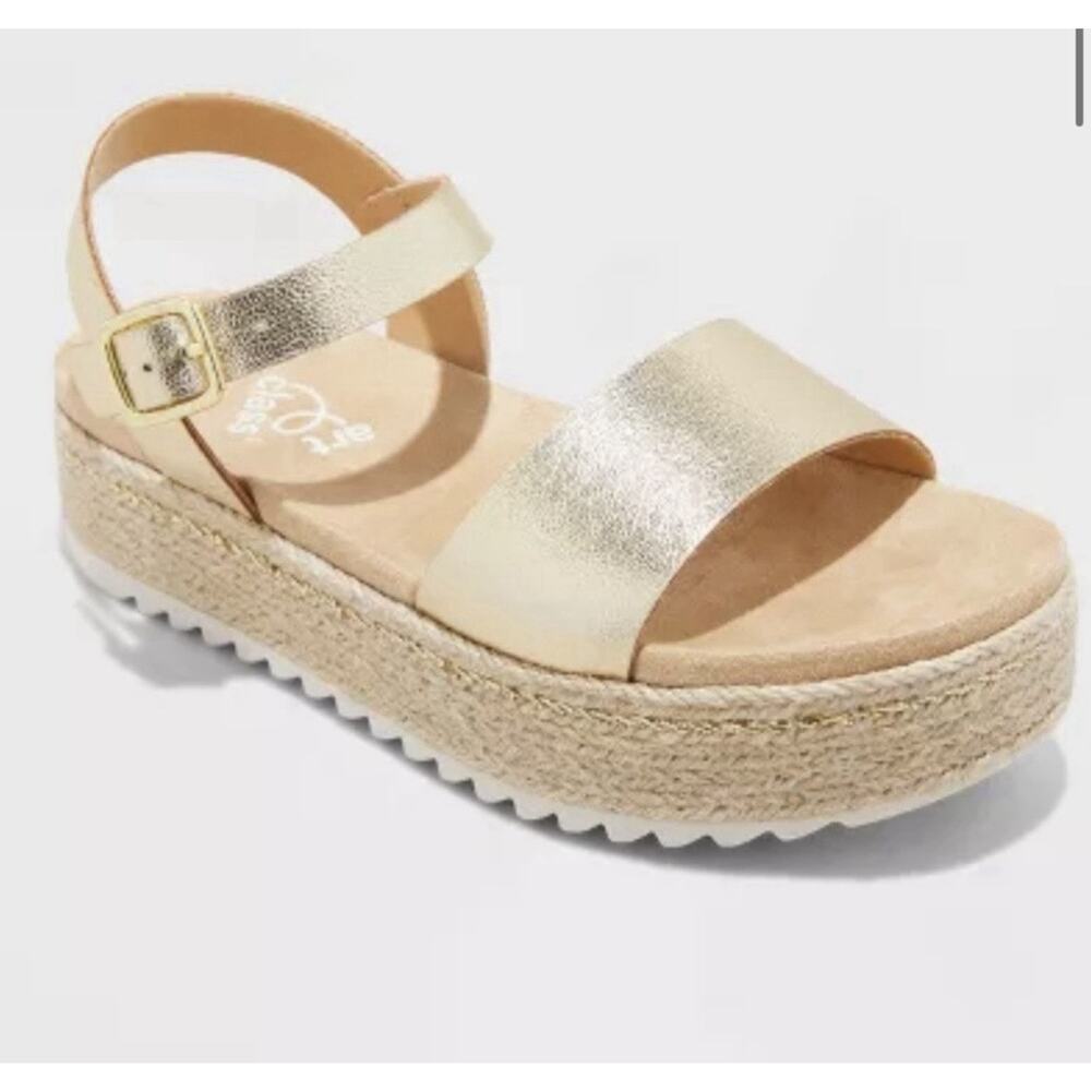 NWT Gold Platform Espadrille Sandals 3 Ankle Strap Comfort Summer Casual